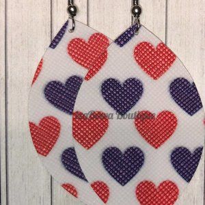 Red & Blue Hearts on White Teardrop Faux Leather Earring  (2)  ER2614  Handmade